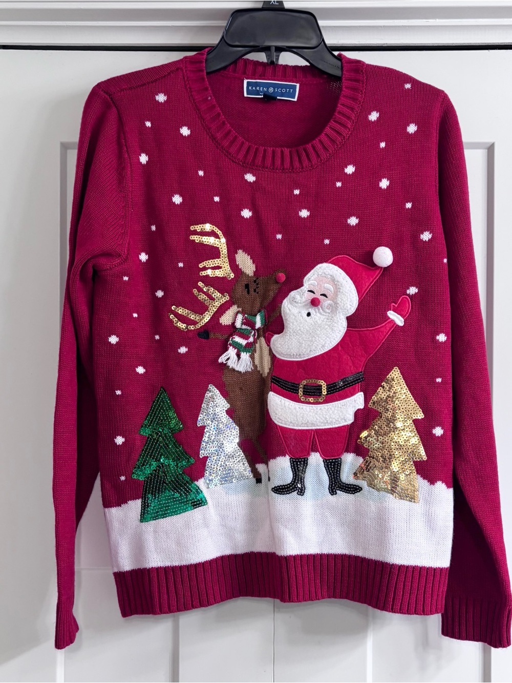 Karen Scott Ugly Christmas Sweater M Santa Reindeer Sequin Trees Holiday Knit